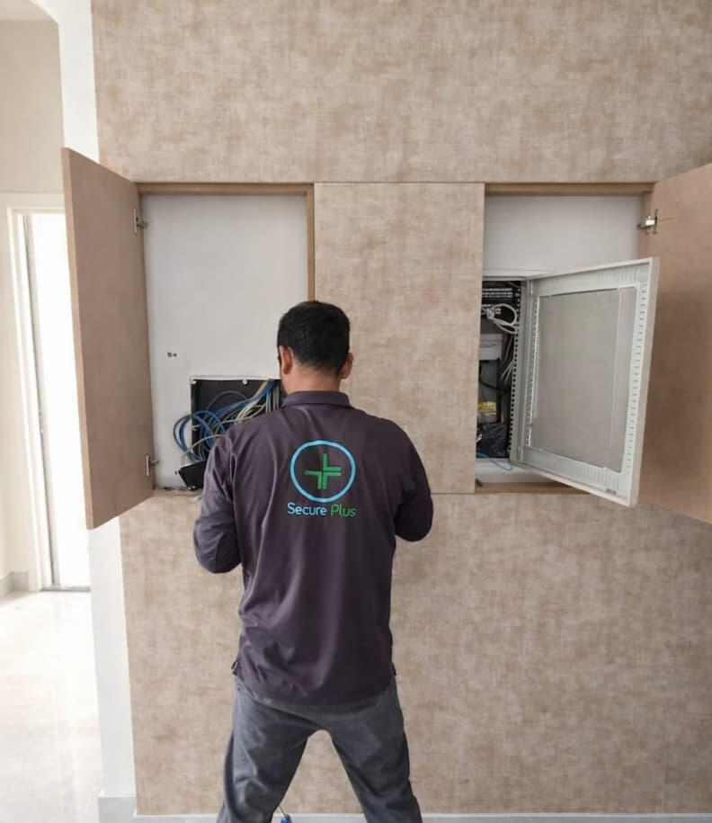 فني secure plus يقوم بصيانة كاميرات المراقبة